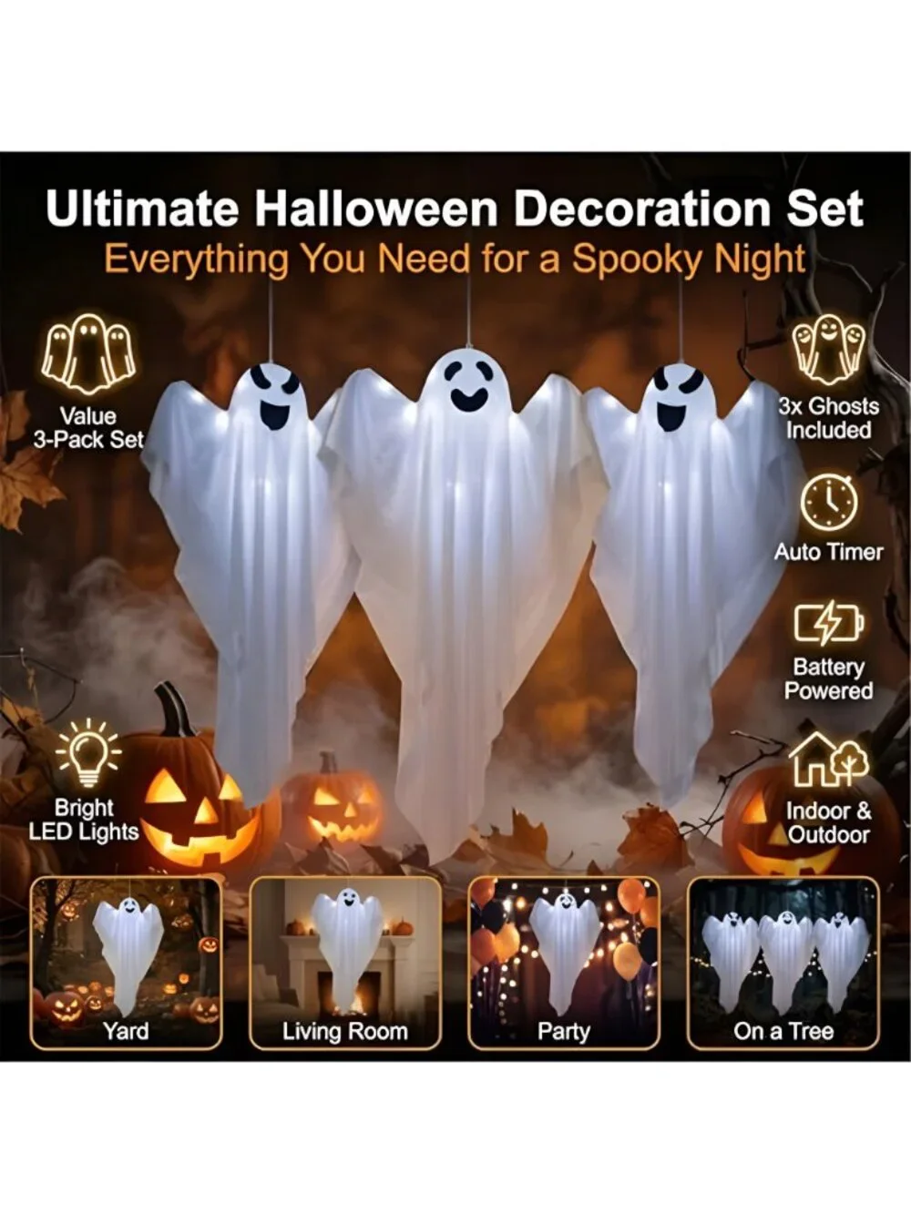 3 Packs Halloween Decorations Outdoor - Lighted Hanging Ghost
